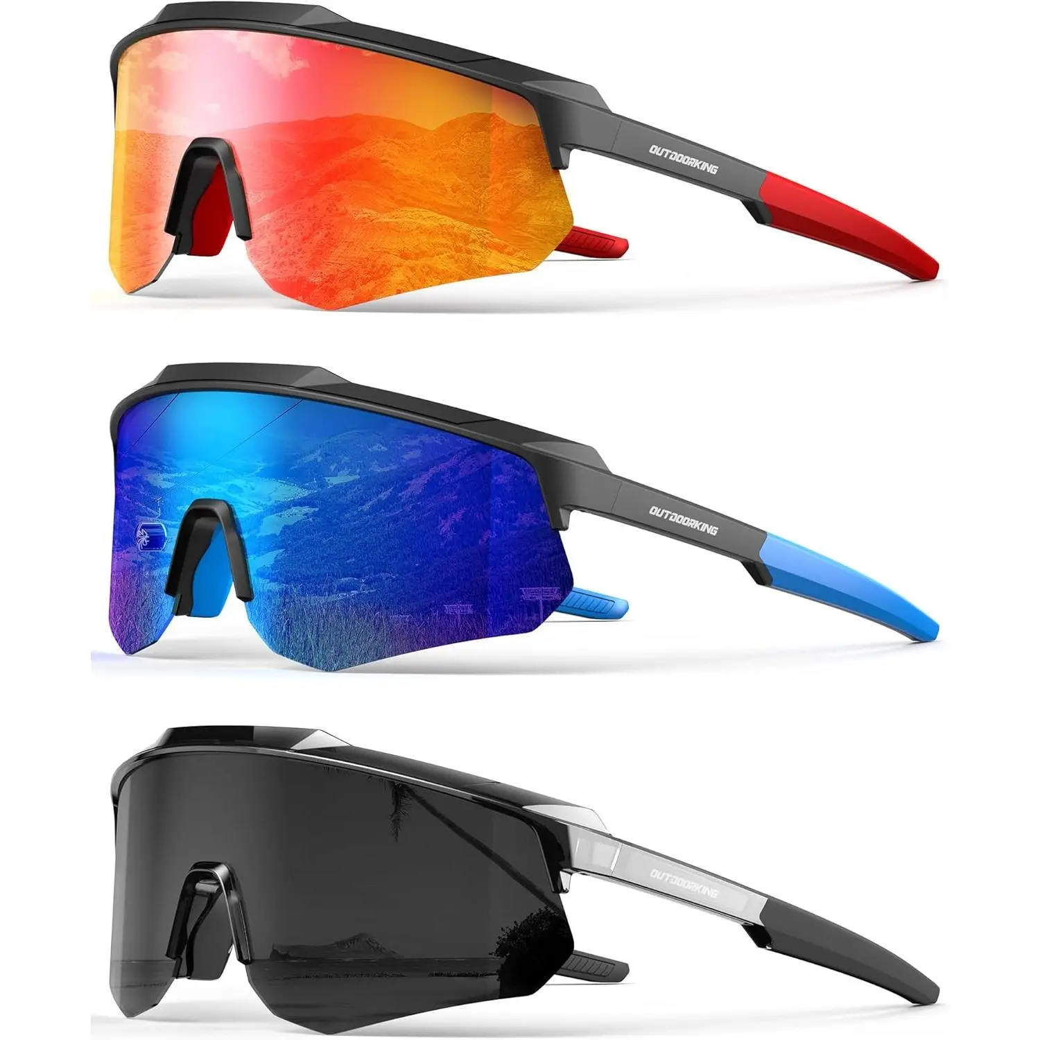 Polarized Sports Sunglasses for Men Women, UV400 One-Piece Lens Sport Shades for Baseball, Running, Cycling, Fishing Transparent Black-Blue-Red