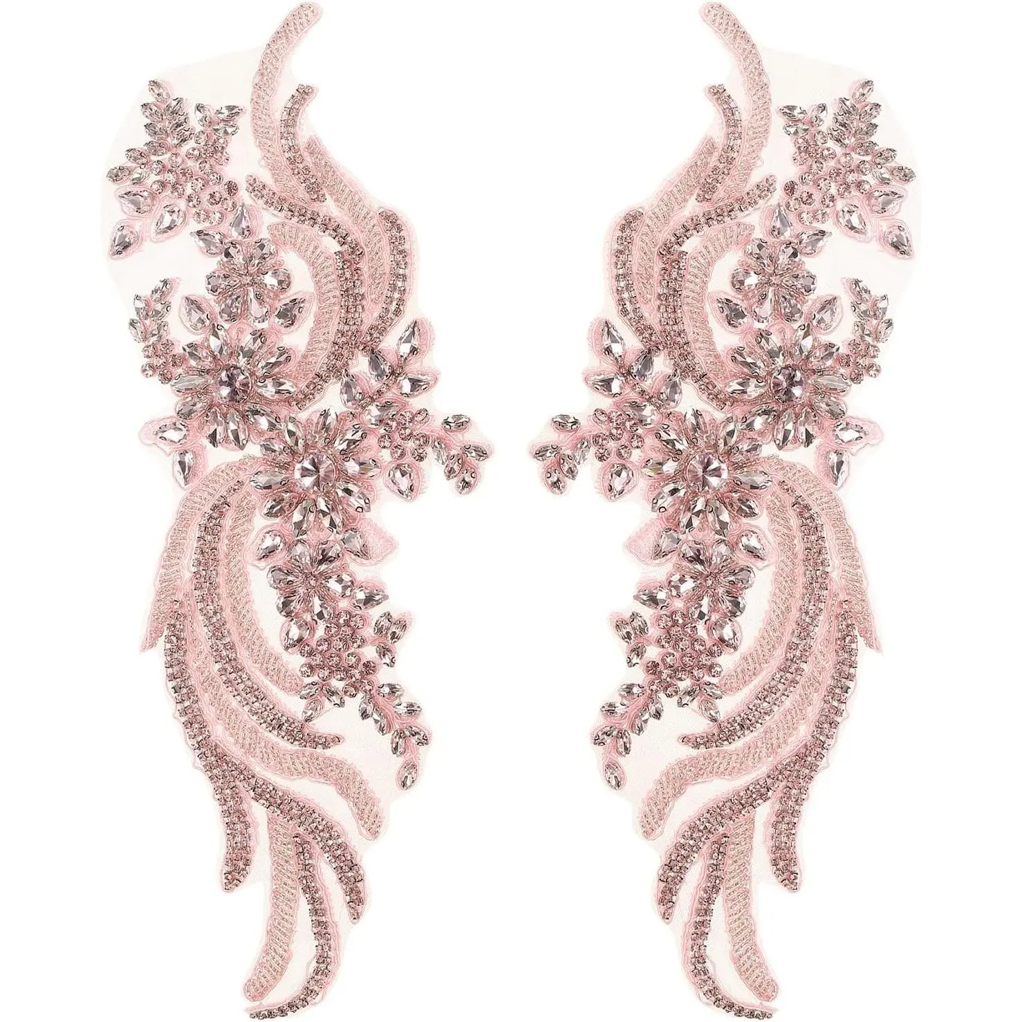 1 Pair Handmade Rhinestone Applique Patch, 14" x 5" Beaded Embroidery Sequin Patches for Sew on Wedding Dress Cloth DIY Crafts Decoration, Pink