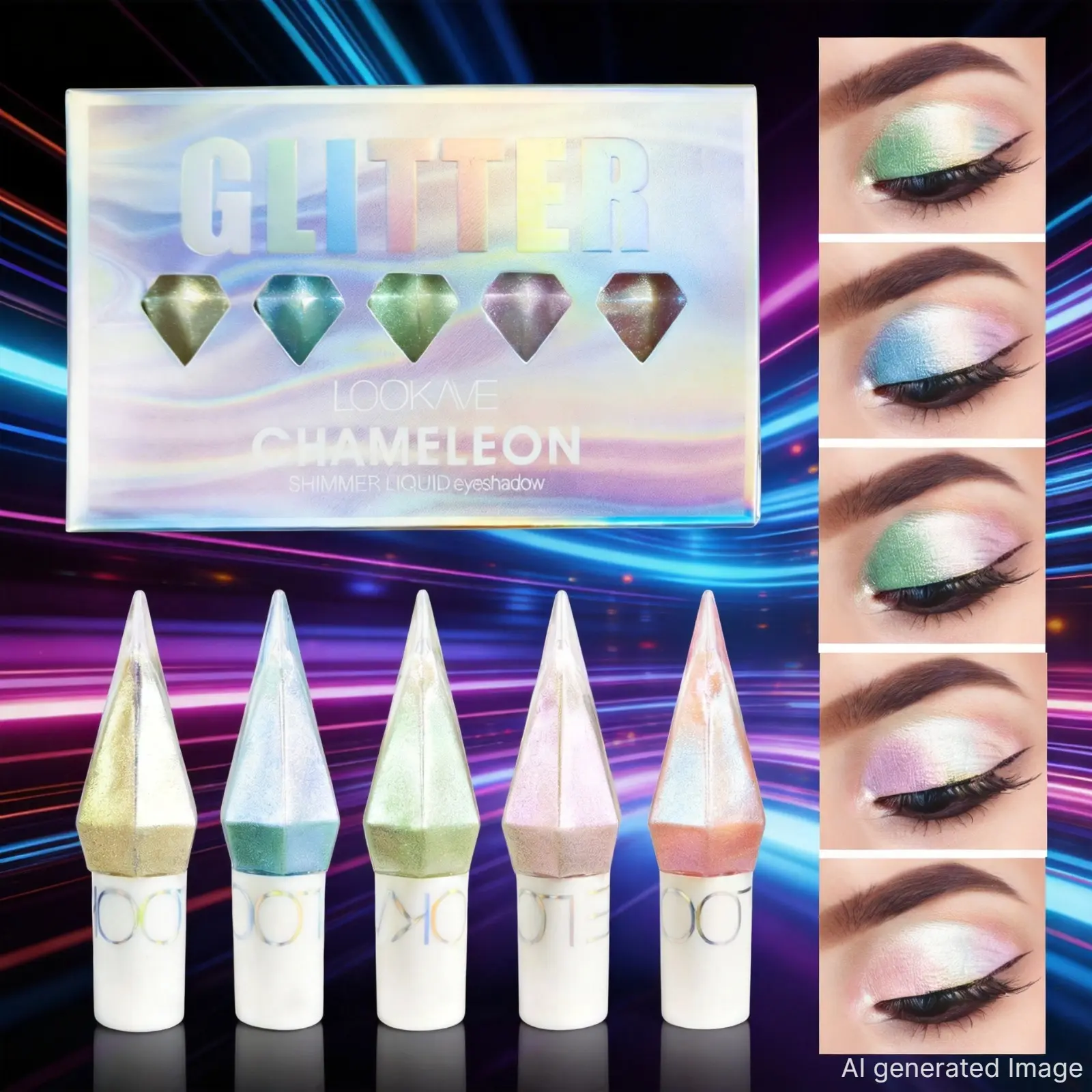 LOOKAVE 5 Colors Chameleon Liquid Glitter Eyeshadow Set, Sparkly Shimmer Eyeshadow, Blendable Glitter Gradient, Multichrome Metallic Shimmer Eyeshadow, Long Lasting Holographic Iridescent Liquid Eye Makeup for Party Festival Cosplay