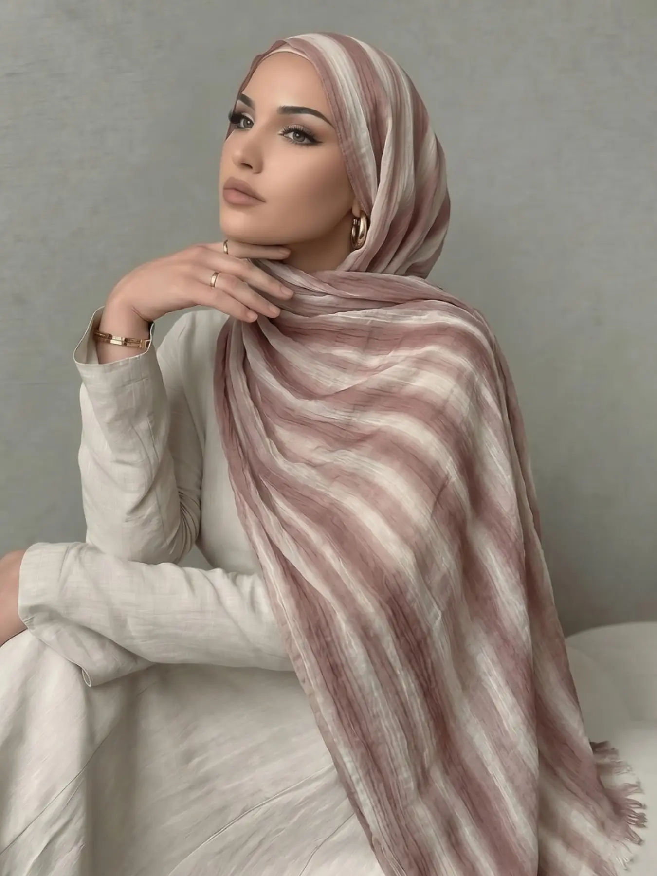 Gradient Vertical Striped Print Headscarf, Daily Versatile Casual Breathable Fringe Long Scarf, Muslim Hijab for All Seasons, Fashion Accessory