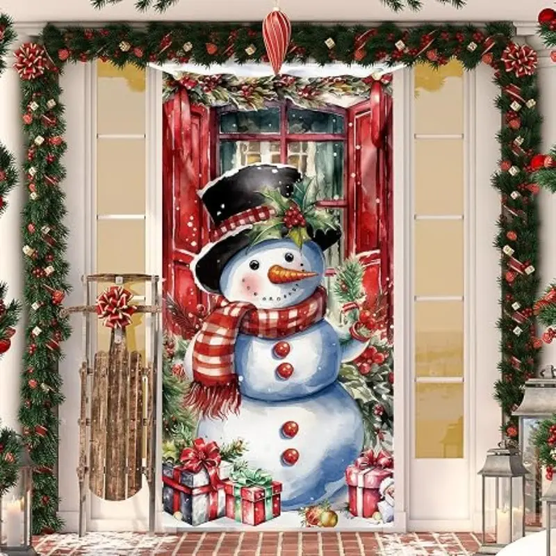 2D Flat Banner Door Cover, Christmas Snowman Decoration, Large Photography Background, Indoor Outdoor Winter Party Supplies, No Power Needed