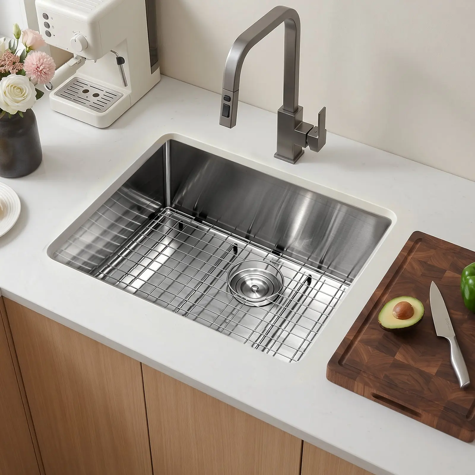 VEVOR 27-in Stainless Steel Undermount-Drop-in Single Bowl Sink with Accessories, Farmhouse Basin for RV, Prep Kitchen Use, Household Dishwasher Sink with Undermount Install Design, Drop-In Sink