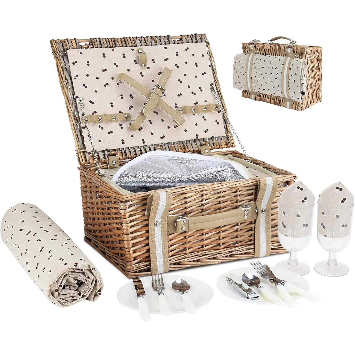 Picnic Basket Set for 2 Persons with Large Insulated Cooler Bag and Waterproof Picnic Blanket, Wicker Picnic Hamper for Camping,Outdoor,Birthday