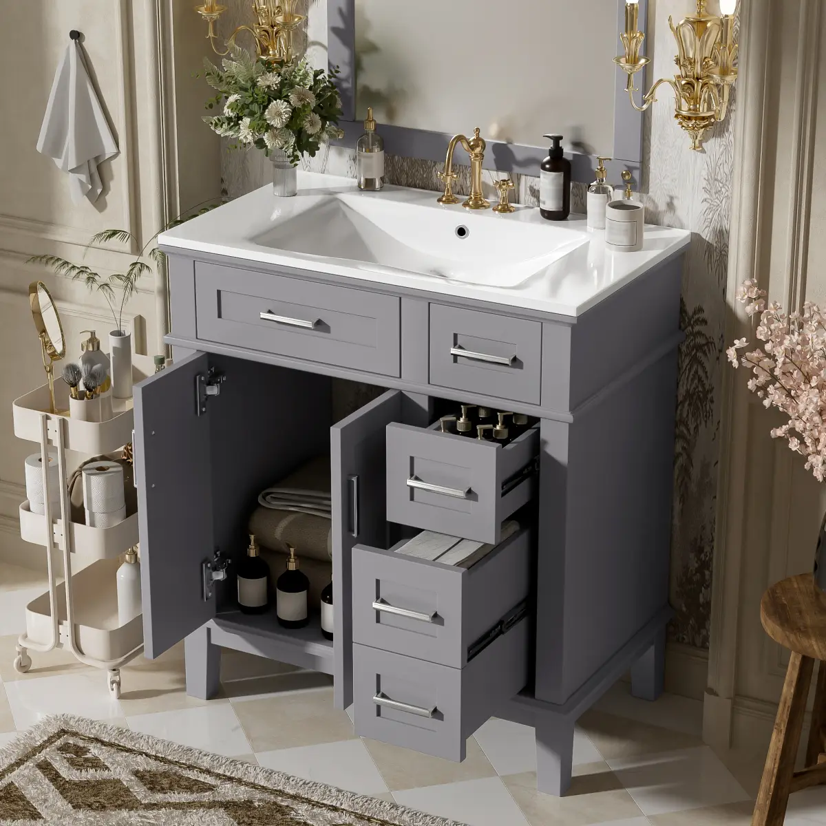 30" Bathroom Vanity with Ceramic Sink, Modern Storage Cabinet with Soft-Close Doors, Deep Drawer & Standard Drawer, Stylish Bath Vanity for Small Bathrooms