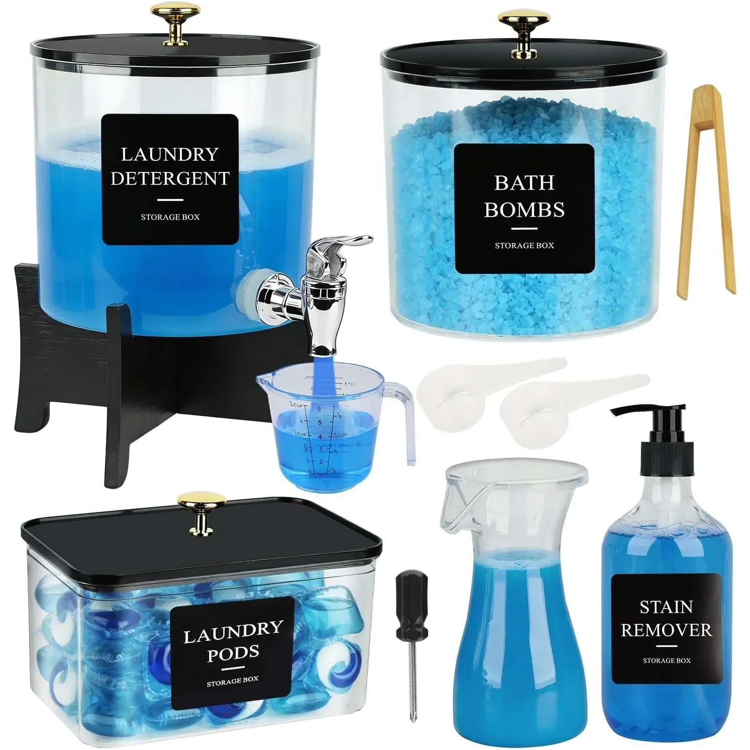 Laundry Room Organization Containers with Stand Laundry Detergent Dispenser, Clear Laundry Pods Powder Containers, Fabric Softener Bottle, Hand Soap Dispenser, Spoon, Measuring Cup, Label Sticker