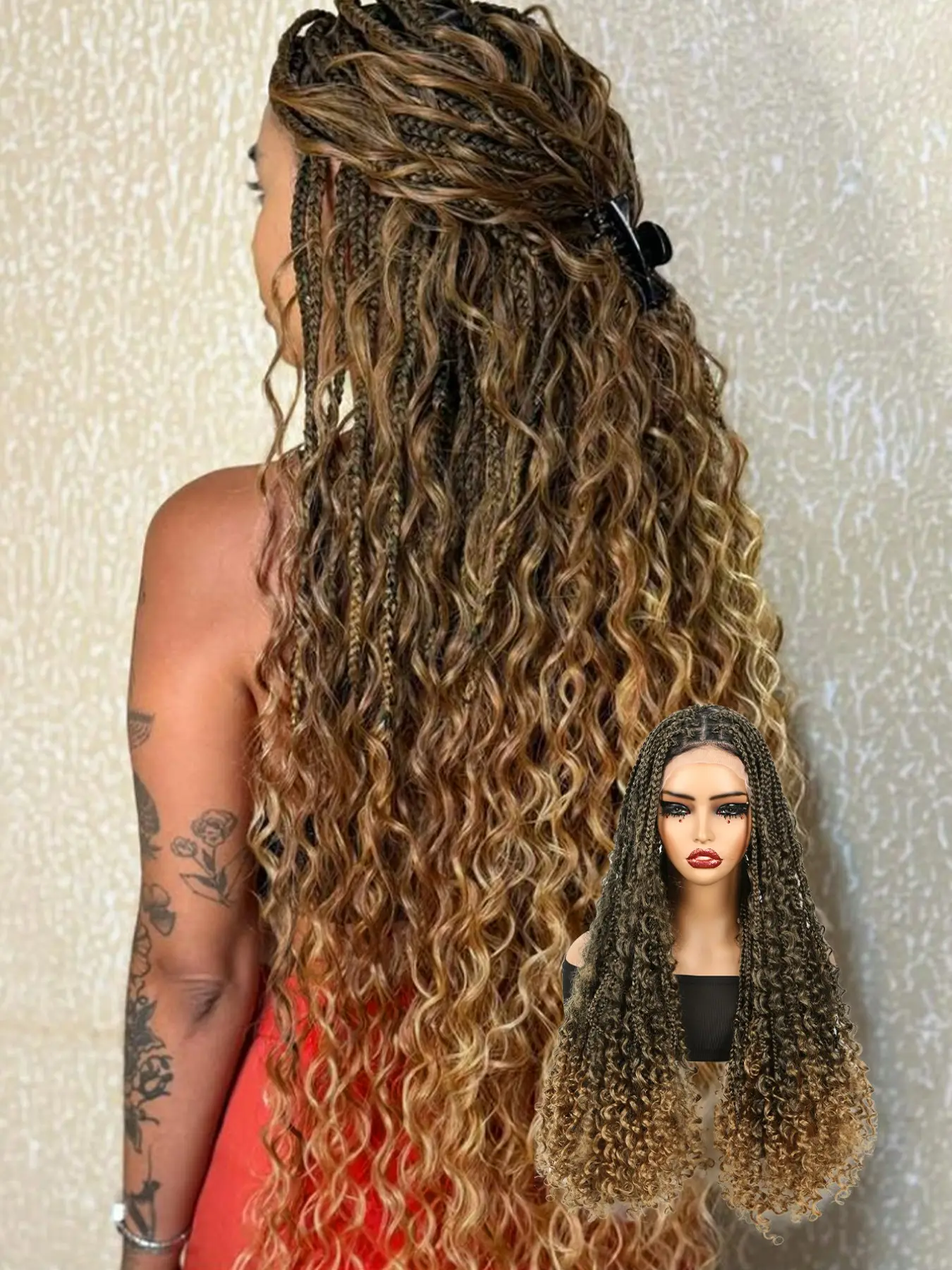 Brown Ombre Full-Lace Bohemian Braided Wig, Lace Braided Wigs, 30-Inch Wig Unit. Crafted from synthetic fibers, featuring a pre-plucked hairline and a natural, realistic-looking scalp effect for women's daily wear