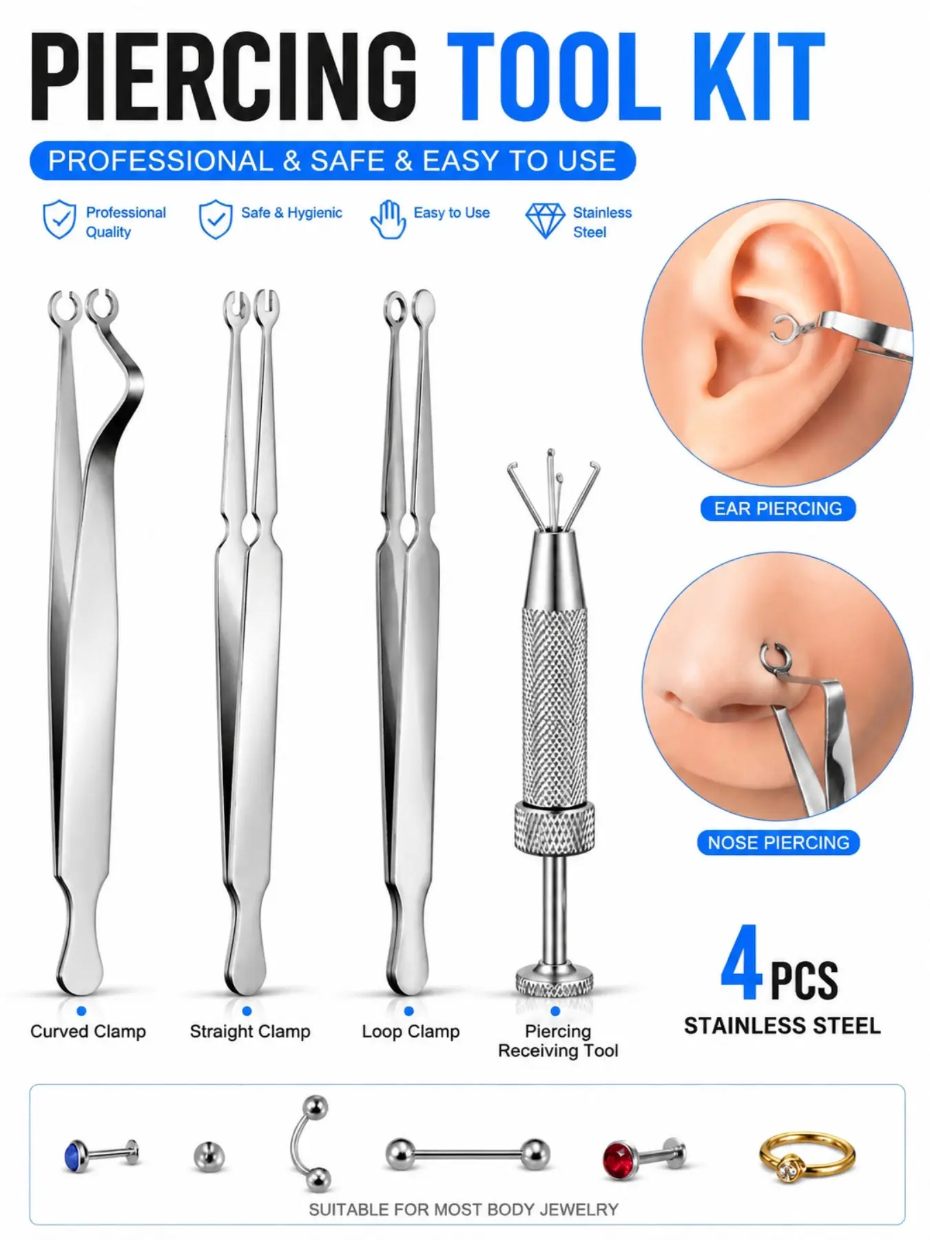 Stainless Steel Piercing Jewelry Tool Kit – Nose Piercings Kit, Bead & Ball Grabber, Ring Opening Pliers and Precision Tweezers for Nose Rings, Earrings, Lip & Body Jewelry Repair and Changing