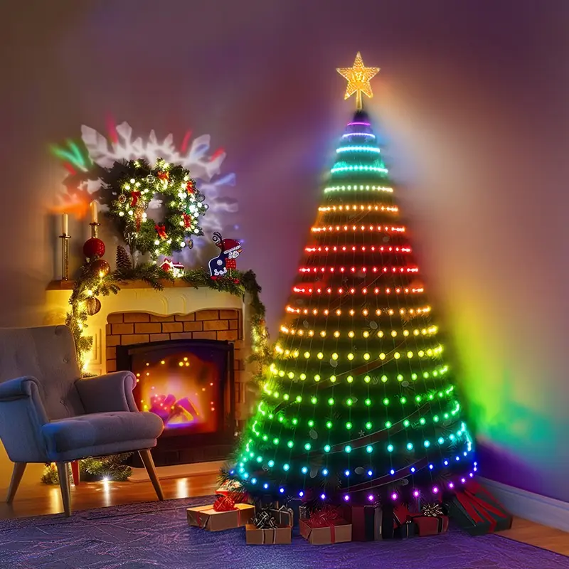 APP Remote Programmable Christmas Tree Pixel Waterfall Lights, Bluetooth-compatible DIY Pattern String Lights, Dual Control RGB Christmas Cone Lanterns