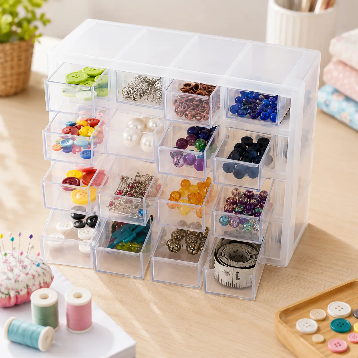 Clear Drawer Organizer – 16 Drawer Craft Storage Cabinet for Beads, Jewelry, and Small Parts – Plastic Storage Drawers for Desk, Sewing Room, or Workshop