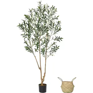 6 ft Faux Olive Tree in Planter & Woven Basket – Artificial Tall Plant with Silk Leaves & Fruits, Perfect Corner Decor for Home, Living Room & Office