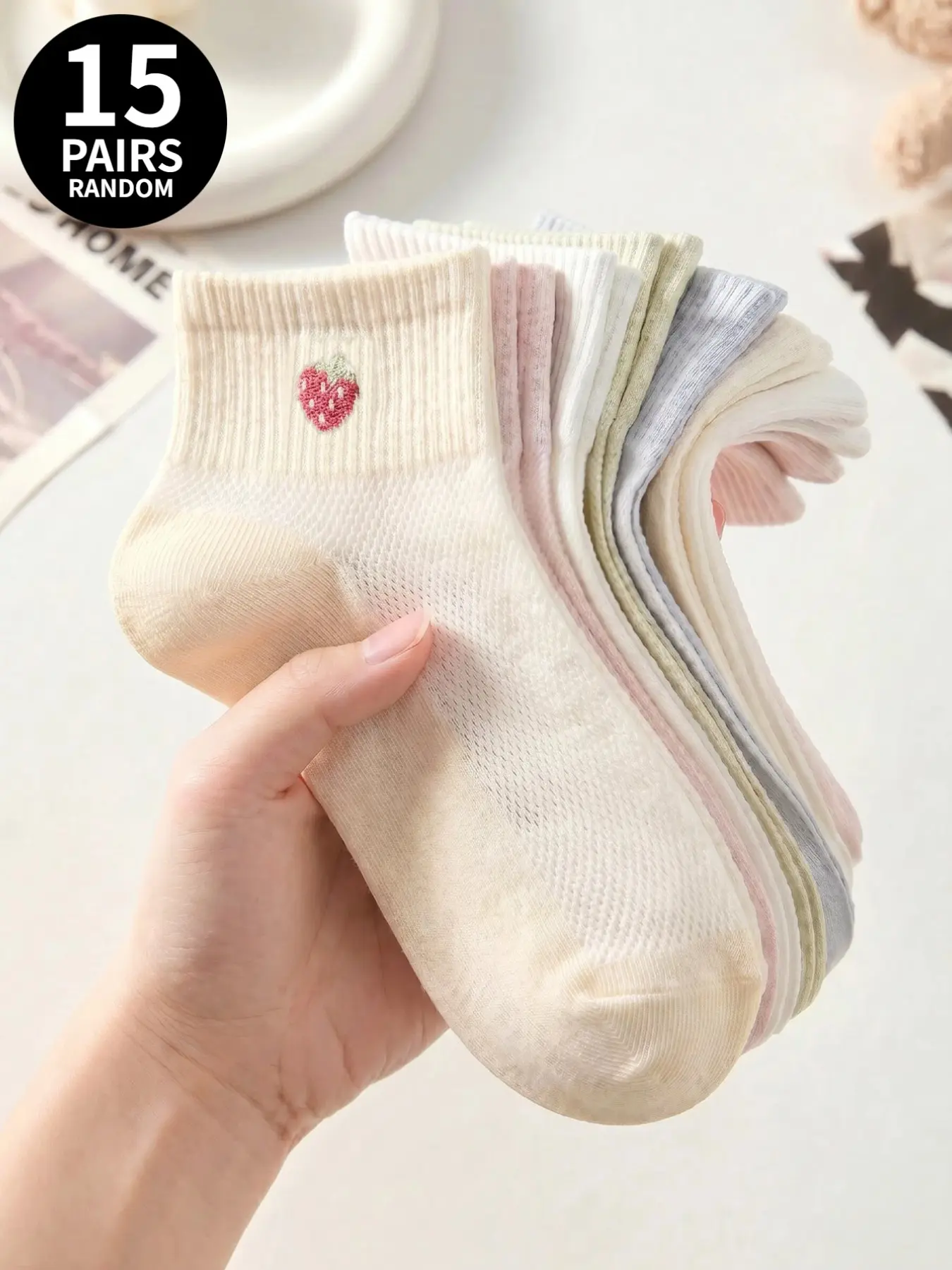 Set of 15 Pairs of Randomly Assorted Pastel-Colored Jacquard Socks: Ankle Socks, Knee-Highs, Thigh-Highs, Women's Socks, Casual Socks—Featuring Bear, Strawberry, Cherry, Heart, and Bow Patterns—Japanese-Style Sweet Women's Sock Set Fit