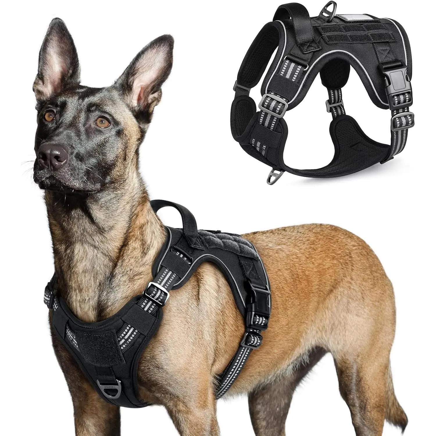 Tactical Dog Harness for Large Dogs, No Pull Military Service Vest with Handle & Molle, Easy Control for Training Walking, Adjustable Reflective Straps, Black, L