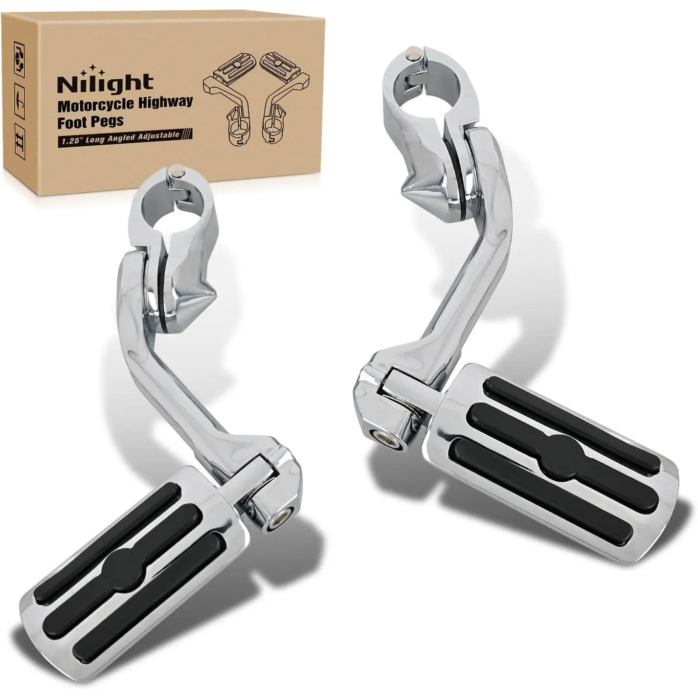 Nilight Aluminium Alloy Adjustable Long Angled Foot Pegs - 1.25" Motorcycle Highway Pegs, 270° Adjustable, 90° Foldable Design, for Harley Davidson, Kawasaki, 1-1/4" Engine Guard/32mm Crash Bars, with Polyvinyl Chloride (PVC) Parts, Allen Wrenches, Trike,