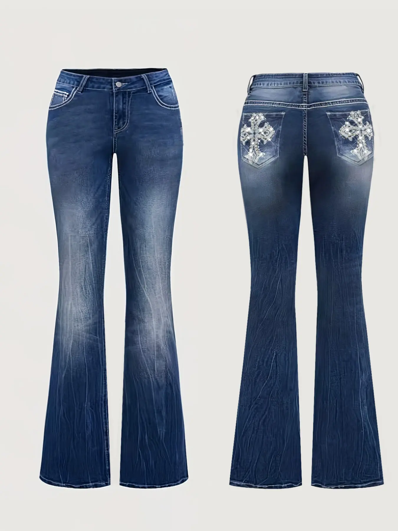 Vintage Y2K Punk Style Denim Jeans, Star Moon Cross Stitch Rhinestone Decor, Tight Fit Flare Leg, School Fashion, Millennial Pocket Design, Denim Flare Pants