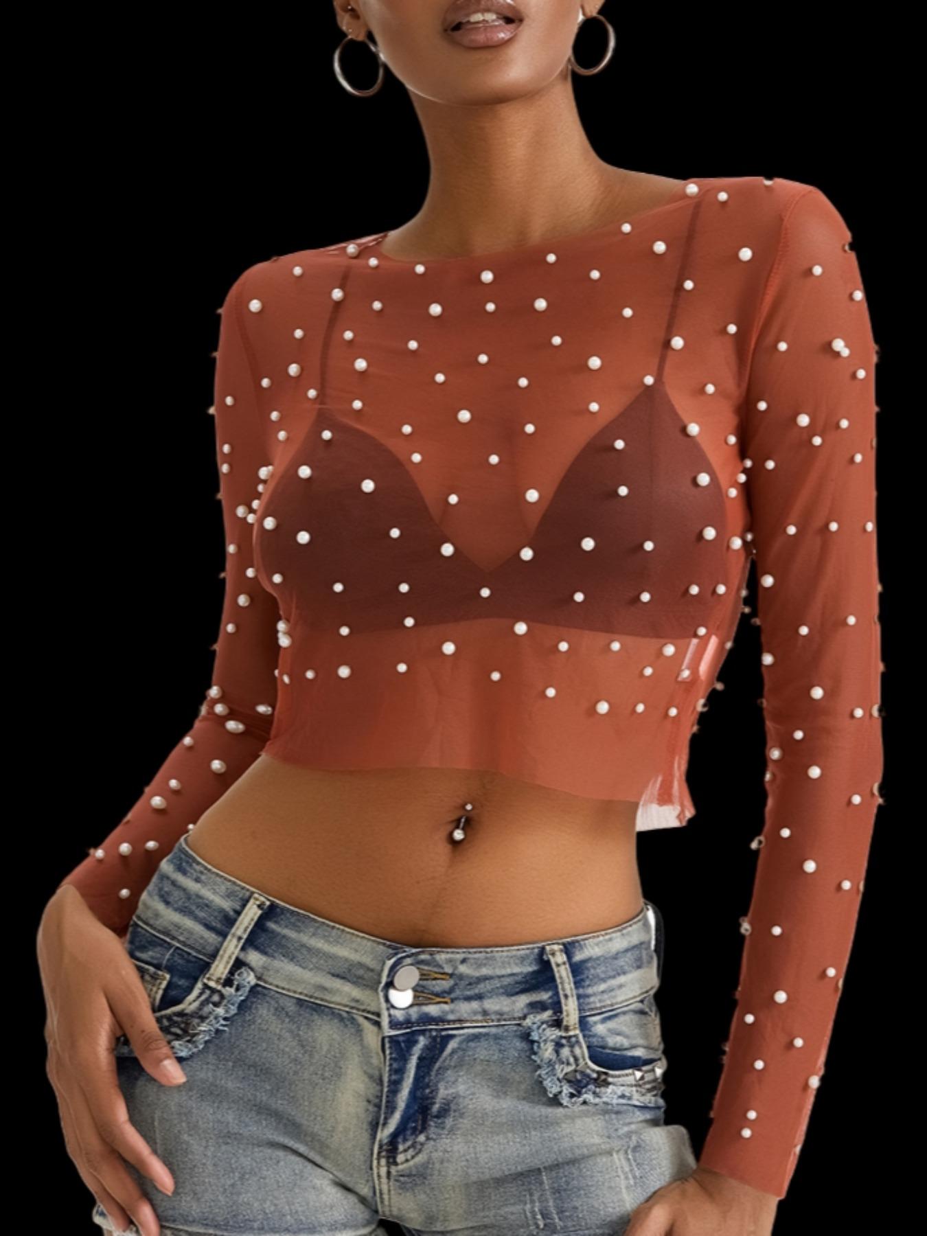 Women Pearl Top Long Sleeve Mesh Top Sheer Pearl Overlay Top Rhinestone Beaded Shirts Top See Through Blouse Top