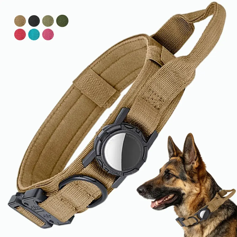 Airtag Dog Collar for Medium to Large Dogs, German Shepherd Accessories, Tactical Nylon Training Collar with Proximity Control Handle, High-Strength Metal Buckle