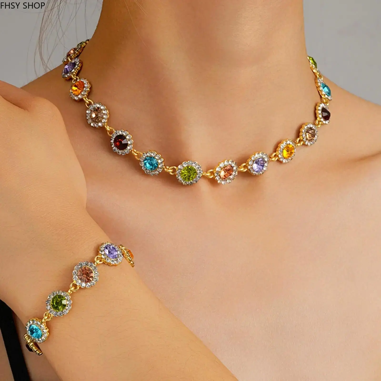 Women's 2-Piece Colorful Simulated Gemstone Jewellery Set - Necklace & Bracelet with Sporty Wristband Compatibility, Versatile Accessories for Women for Gym & Daily Looks, Ideal Womens Gifts