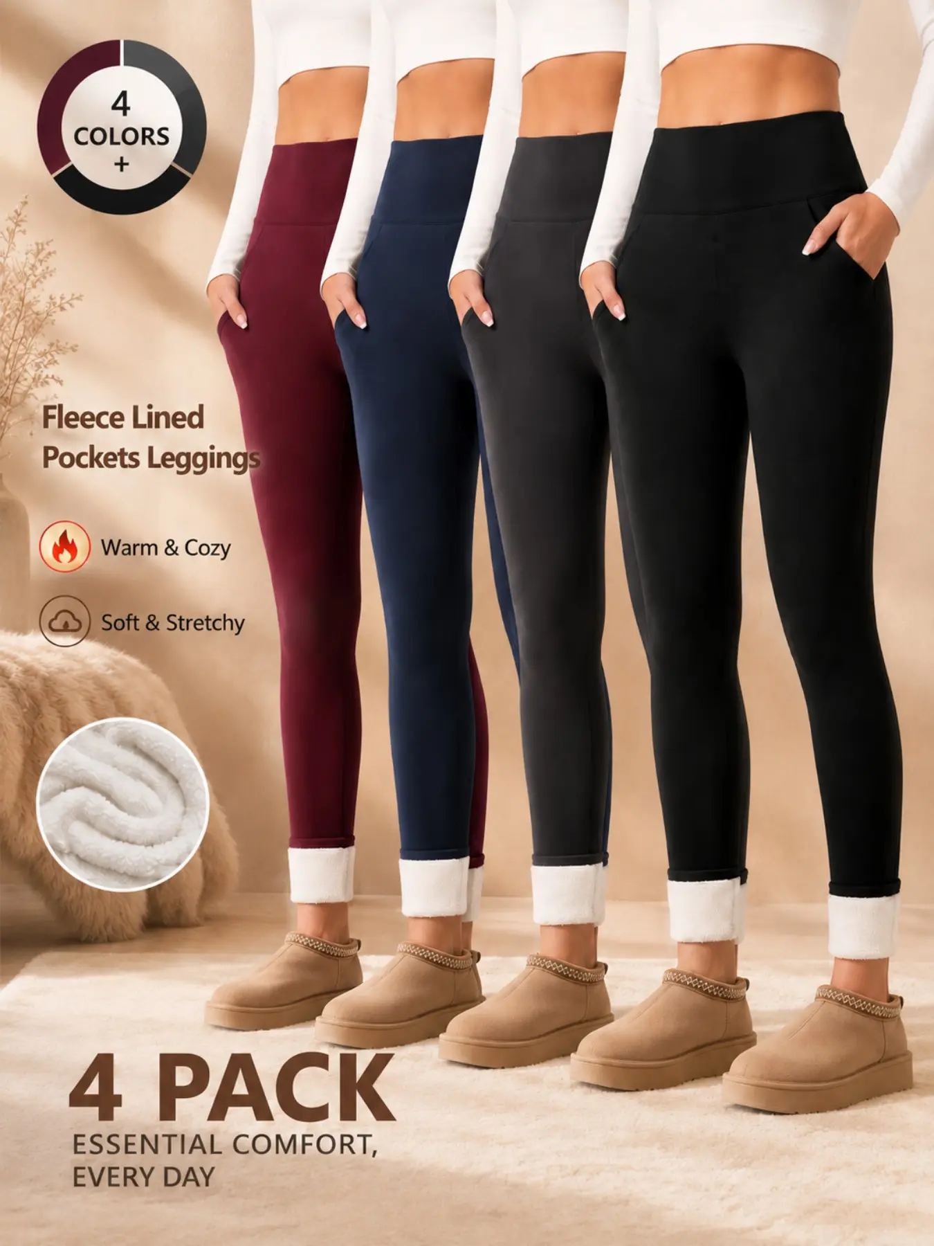 Women's Winter Fleece Lined Shark Leggings, High Waist Stretch Slim Thermal Pants, Thick Lamb Fleece Lined Yoga Pants With Side Pockets, Casual Outerwear Tights