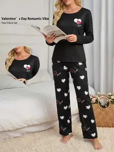 Women's Two-Piece Loungewear Set Long Sleeve And Long Pants Black Pajamas Valentine's Day Gift Heart Print For Party Going Out Shopping Picnic Home Office Casual And Comfortable.