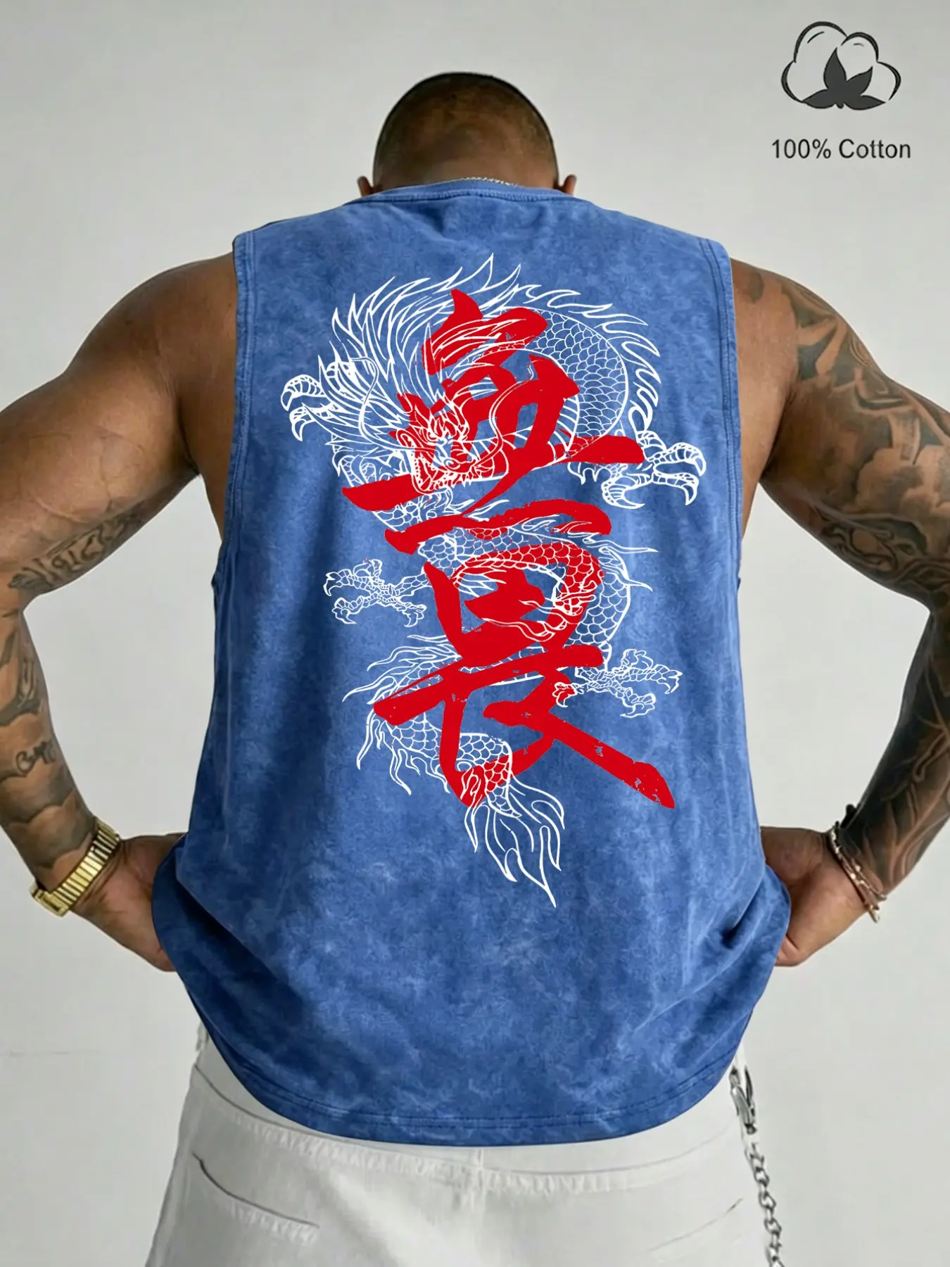 100% Cotton Washed Breathable Crew Neck Tank Top, Sleeveless Sports Vest, Chest & Back Dual Chinese Dragon Calligraphy Graphic Print Loose Vintage Oriental Gym Sleeveless Vest #DragonTank #OrientalStreetwear #TikTokMadeMeBuyIt