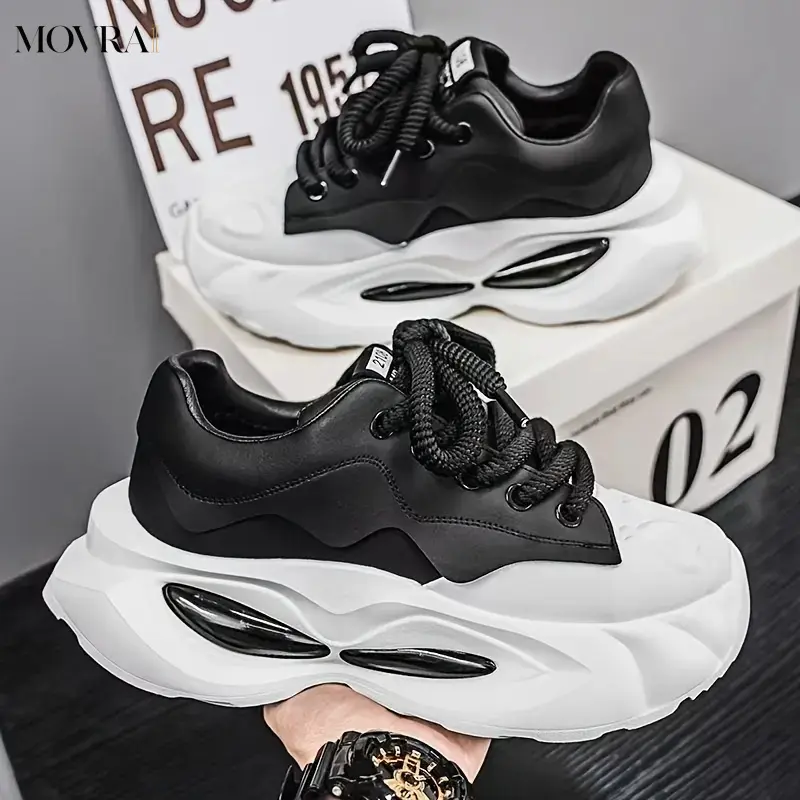 MOVRA1 Men's Height-Increasing Thick-Soled Sneakers - Lift 0.39-0.79inch Height, Breathable Upper & Wide Inner Lining, Durable PVC Sole, Low-Top Lace-Up Streetwear, Casual Daily Wear (Black/White) - Comfortable Height Shoes