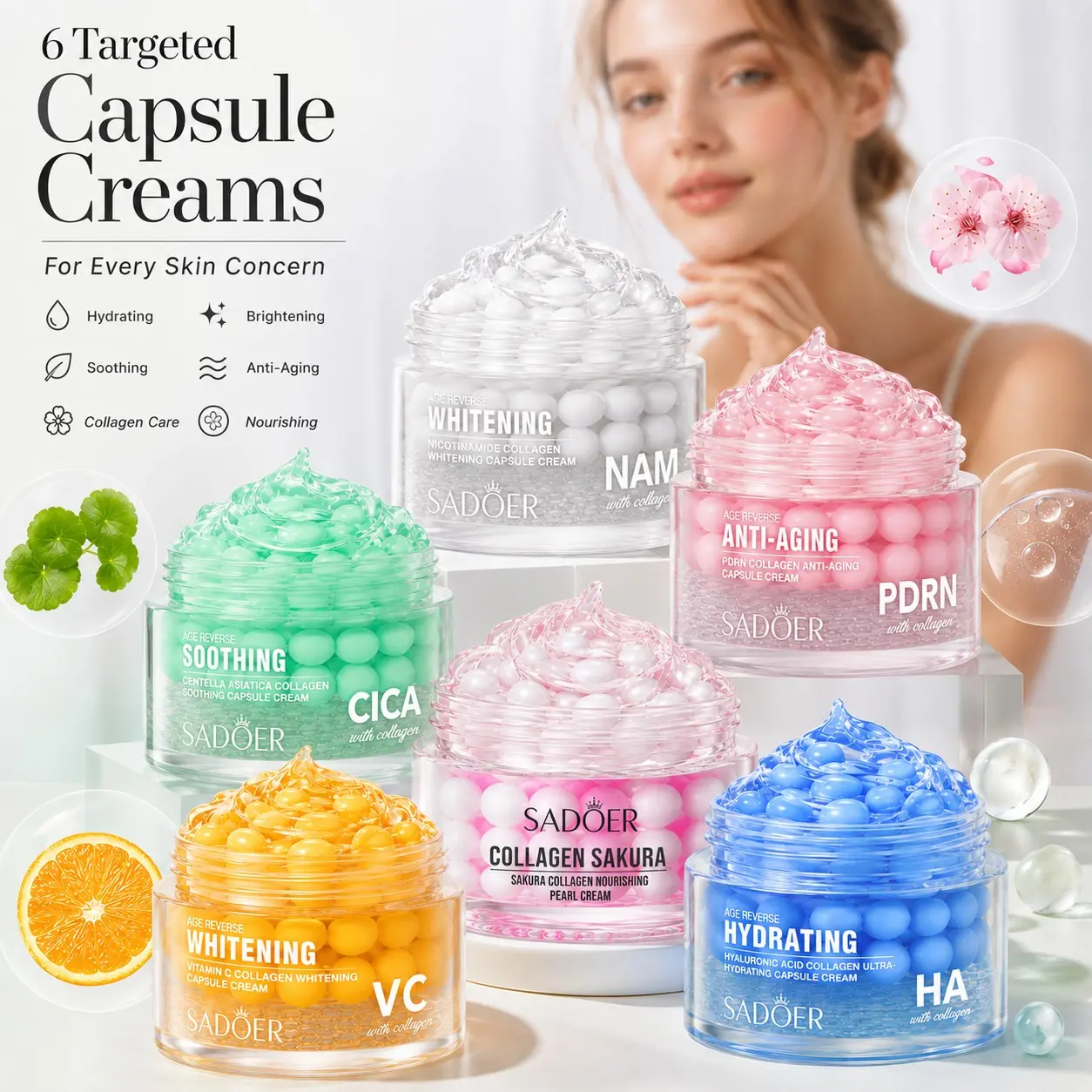 Capsule Face Cream Set, PDRN, Niacinamide, Centella, VC, Collagen, Hyaluronic Acid, Even Skin Tone, Brightening, Moisturizing, Korean Skincare