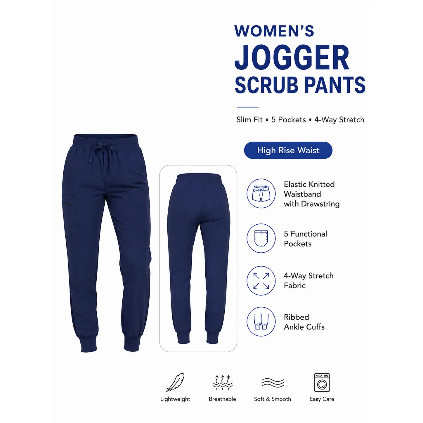 Women's Soft Jogger Scrub Pants with 5 Pockets and Ribbed Cuffs, High-Rise 4-Way Stretch Medical Garment with Zipper Pocket, Lady, Basics, Slim, Fabric, Style, Comfy, Plus Sizes, High-Rise Cut, Workout