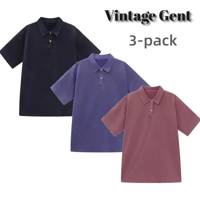 3-Pack Vintage Distressed Washed Men Oversized Polo Shirts Loose Fit Casual Collared Tees