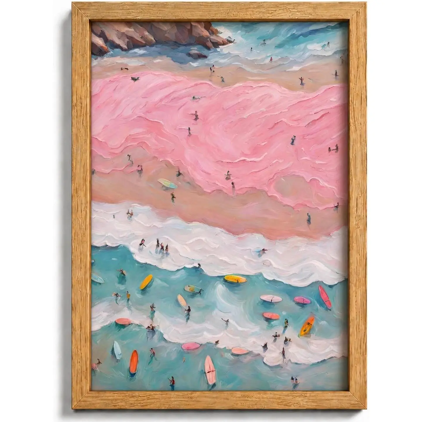 8x10in Wood-Framed Colorful Tropical Pink Coastal Canvas Wall Art - Beach Surfers on Pastel Sand Hanging Decor, Gift for Girls’ Bedroom Interior Furnishings