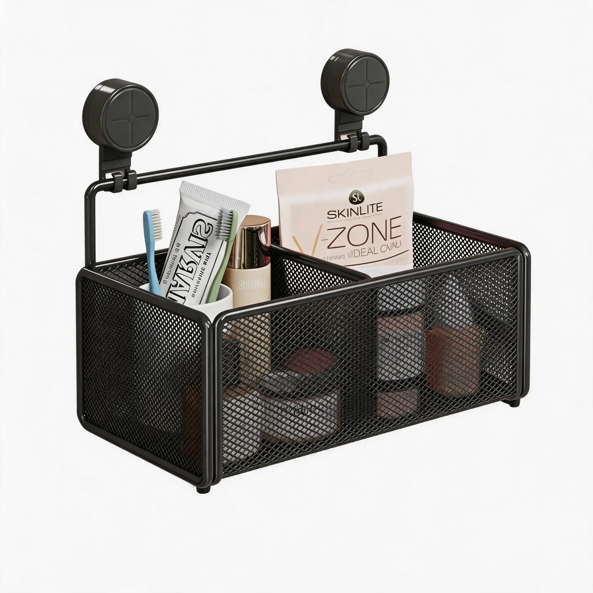 Wall-Mounted Storage Basket, No-Drill Metal Mesh Organizer, Bathroom Shelf, Makeup Table Holder, Kitchen Wall Rack, Space-Saving Design