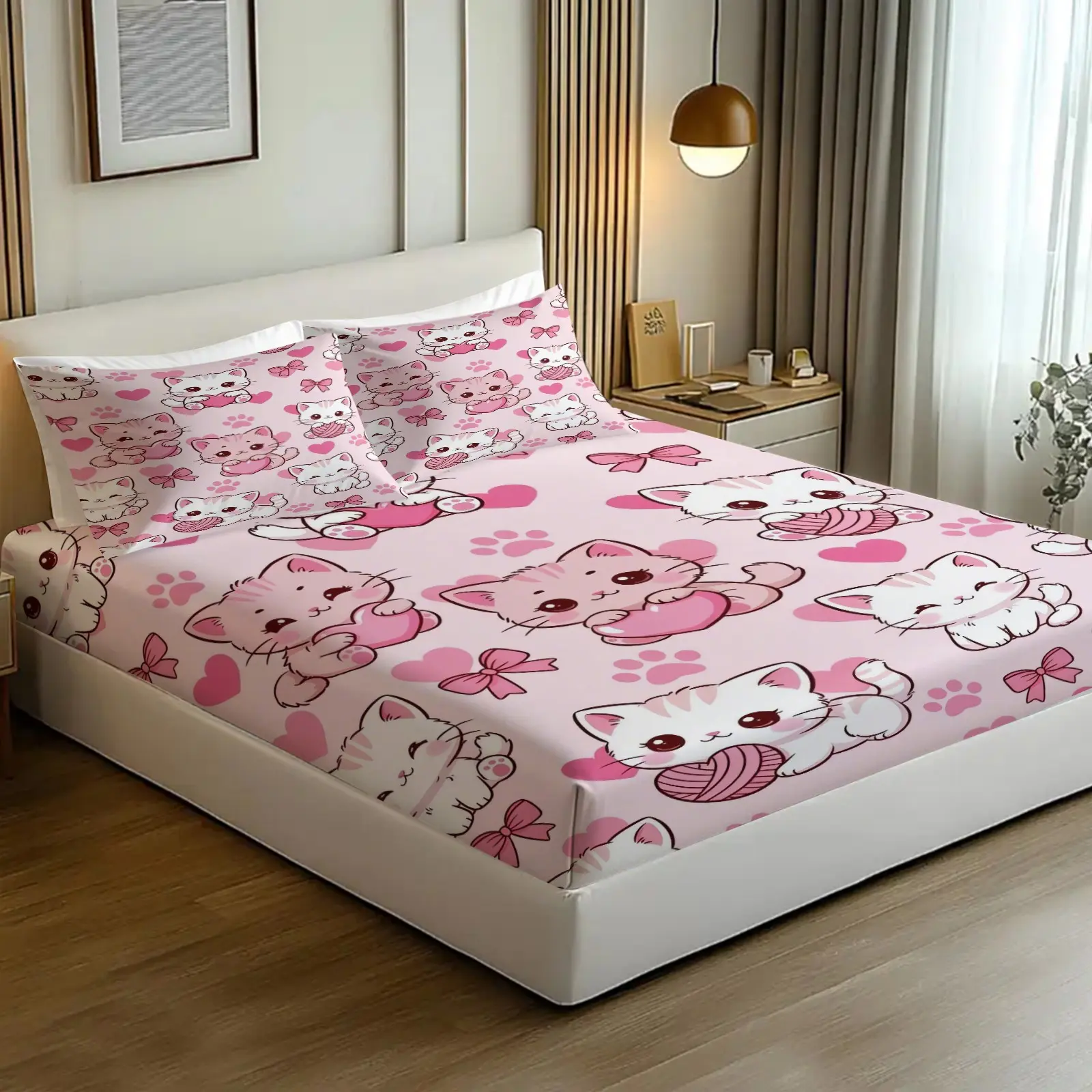 3Pcs Pink Kitty Pattern Fitted Sheet Set, 1 Fitted Sheet & 2 Pillowcases No Filling, Deep Pocket Bed Sheets, Pink Heart Paw Animal Print Bedding for Girls Bedroom Dorm, Cute Bedding