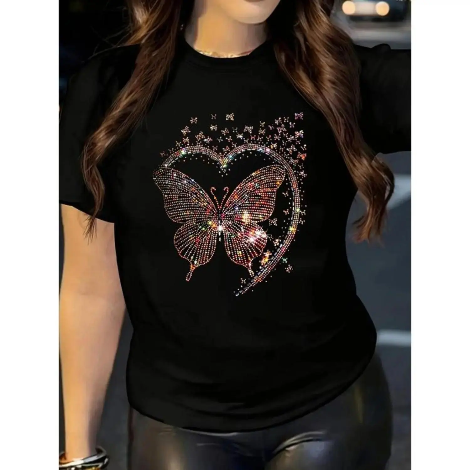 Valentine's Day Butterfly Heart Print T-Shirt Chic Casual Short Sleeve Crew Neck Soft Polyester Glitter Design Machine Washable Black Colorful