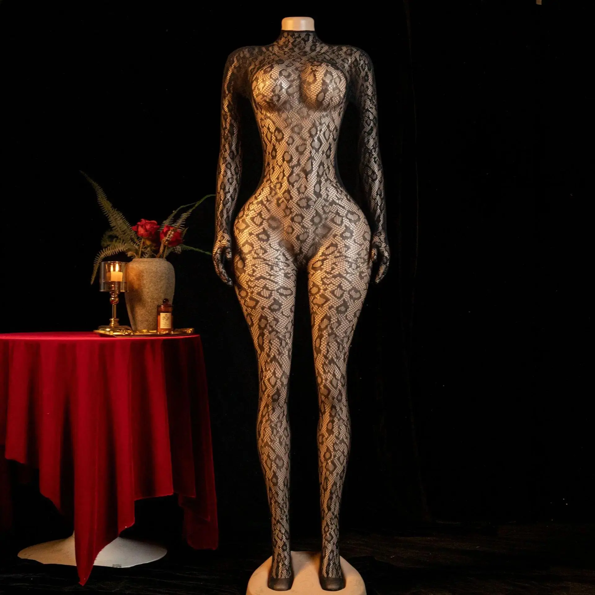 Women's Leopard Print Mesh Bodysuit,Sleeveless Elegant Slim Fit One-Piece, SexyChristmas Themed Lingerie for Women Teddy sleeve round neck bodysuit long Sheer Floral Fishnet lacet eddy garter sexy intimates lingerae seductive lace private party outfit hot