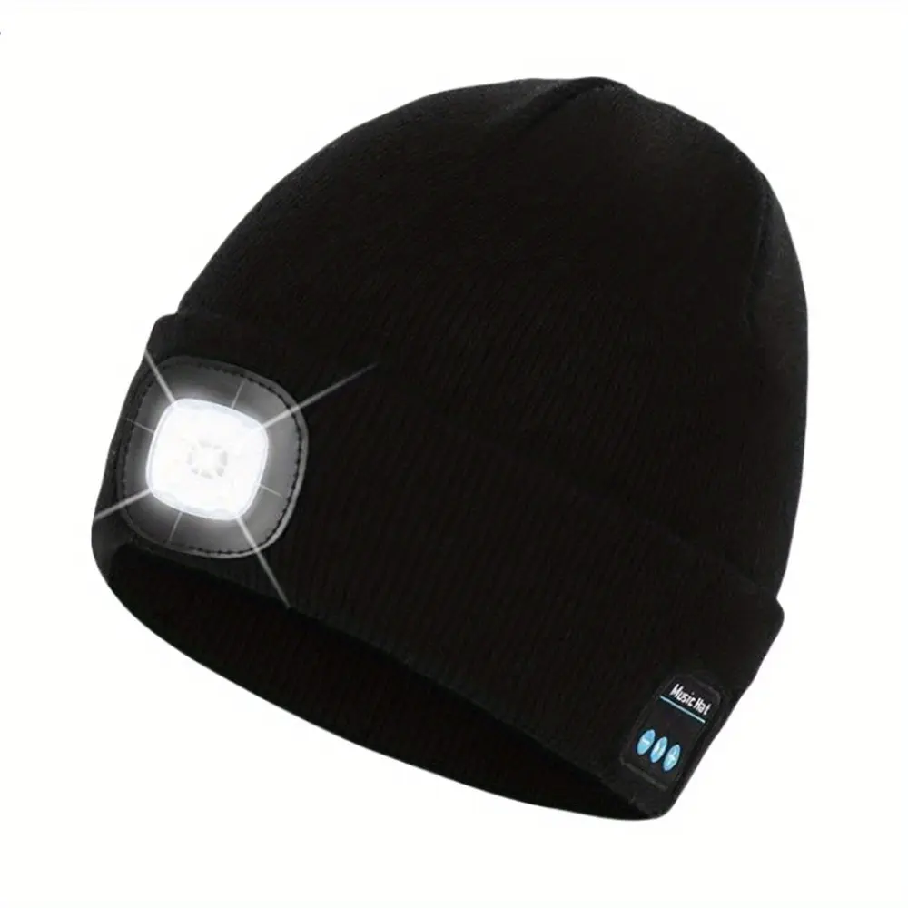 RODEWILL Acrylic Knit Beanie with Rechargeable LED Light & Wireless Bluetooth Speakers - Unisex Outdoor Wear for Running/Hiking, Unisex Size