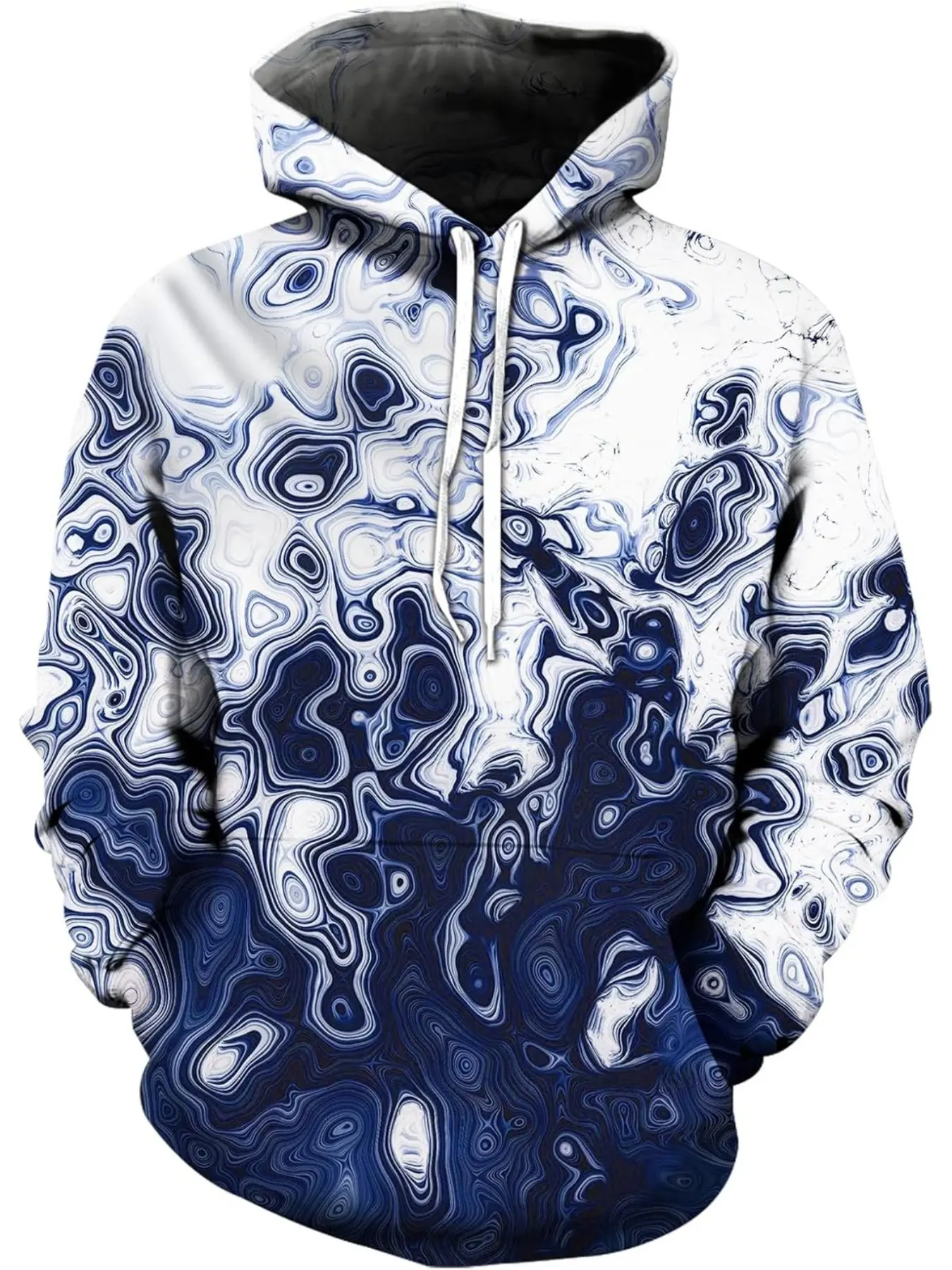 Blue and White Fluid Vortex Ink Ripple Gradient All-Over Print Trendy Hoodie