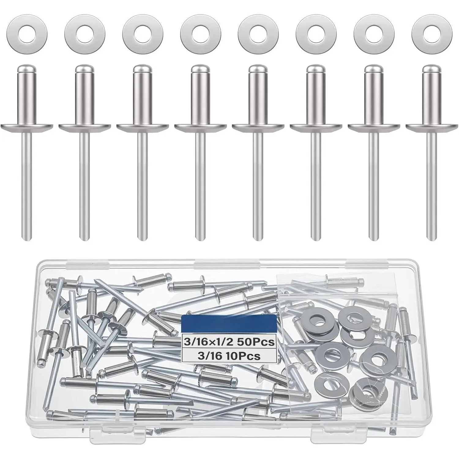 60 count 3/16" x 1/2" Stainless Steel Pop Rivets with Stainless Steel Washers 4.8 x 12.7mm Blind Rivet  Kit