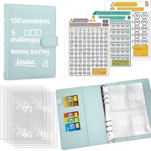100 Envelopes Money Saving Challenge Binder, Savings Challenges Book with Envelopes & 3 Challenge Trackers to Save $5,050 and $500 and $10,000, A5 Budget Binder Money Saving Book, Mint Blue