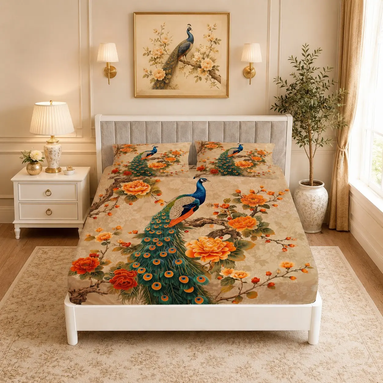 Peacock Themed 3-Piece Fitted Sheet Set (1 Fitted Sheet + 2 Pillowcases, No Pillow Inserts Included), Breathable Deep Pocket Design & Soft Skin-Friendly Fabric, Aesthetic Bedding Suitable for Adults & Teens Bedrooms, Ideal for Gifting