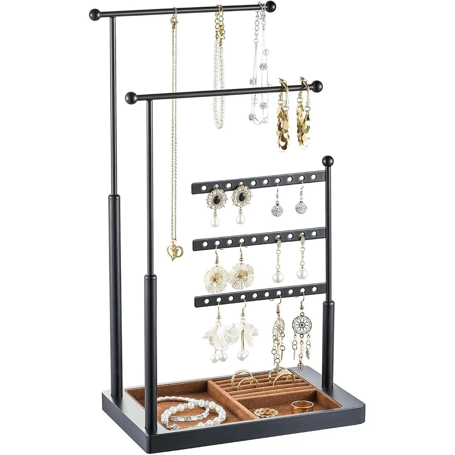 3-Tier Multi-Tiered Jewelry Organizer Stand - Compact Home Organizer Storage Holder for Necklace, Bracelet, Earring, Ring; Black & Brown Jewelry Display, Compact Stand