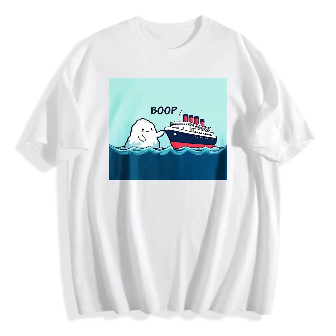 Casual Funny Men's T-Shirt Cute Iceberg Booping Ship Cartoon Graphic Tee Summer Beach Vacation Gift For Boyfriend Husband Son,100% Cotton Unisex Oversized  Tshirt (S-5XL)