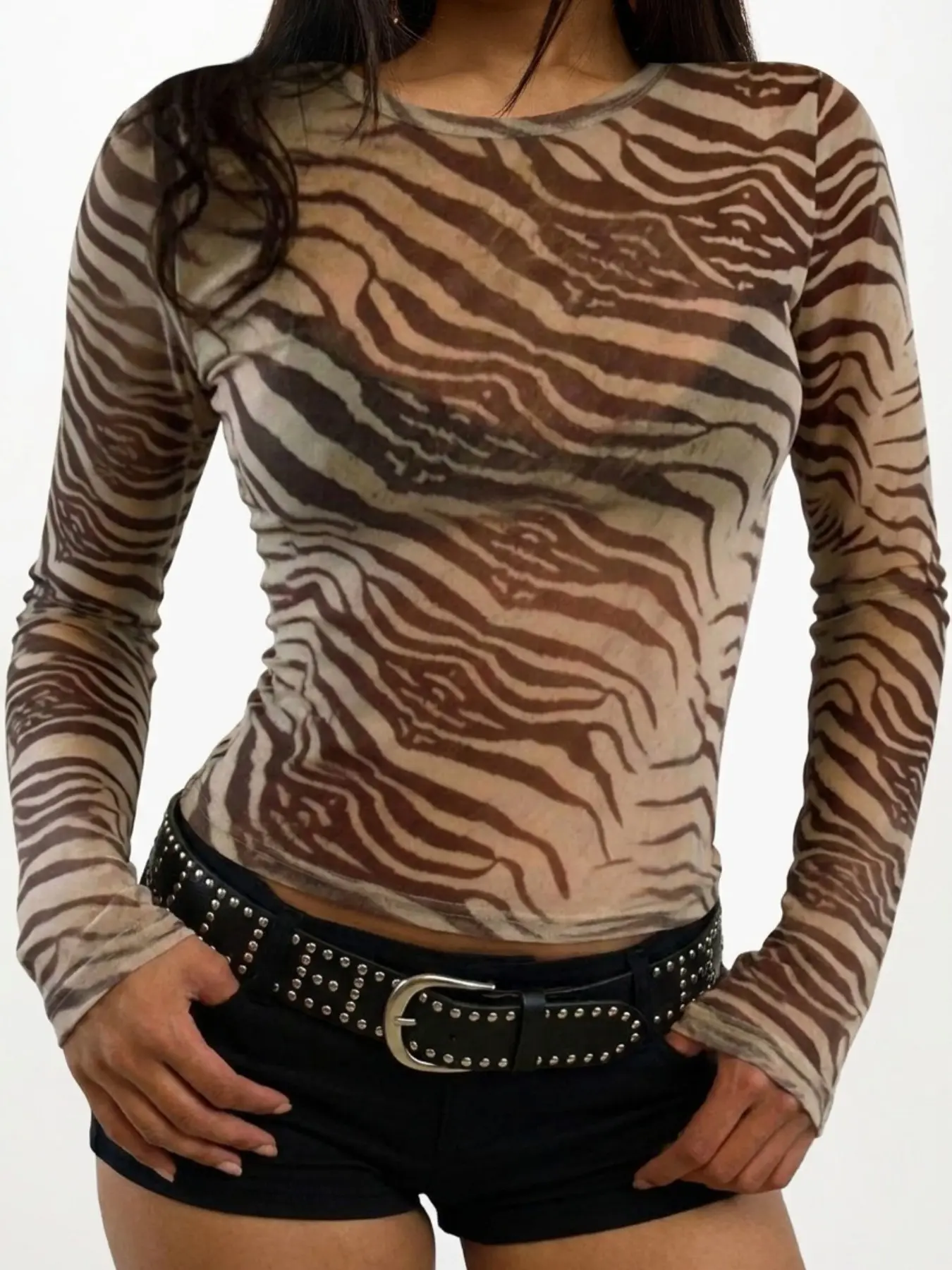 Brown Zebra Print Mesh Long Sleeve Crop Top For Women, Slim Sheer Retro Y2K Layering Tee, Casual Streetwear Blouse For Daily Nightclub Summer Going Out Wear