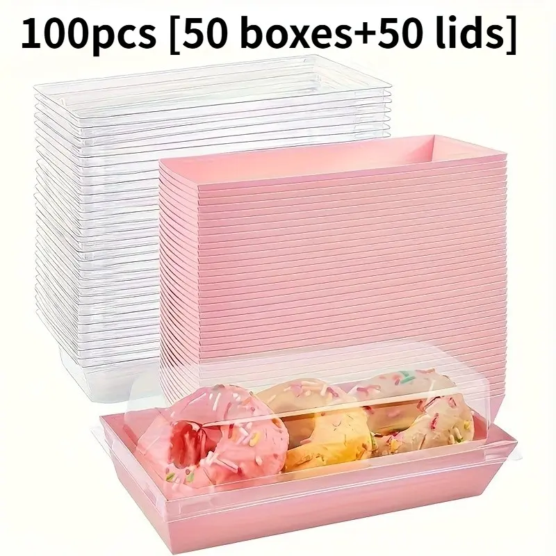 100 Piece Set (50 Boxes + 50 Lids) Transparent, Bakery Supplies, Bread Box, Cookie Box, Snack Box for Pastries, Sandwiches, Cupcakes, Strawberries, Christmas, Birthday