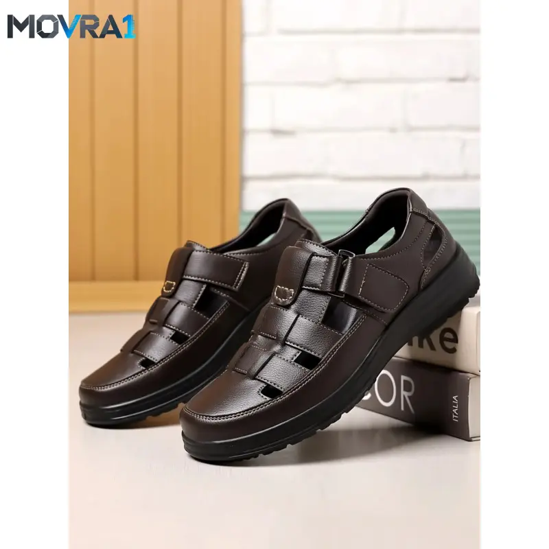 MOVRA1 Men's Hollow-Out Velcro Casual Sandals - Round Toe PU Leather Shoes with Anti-Slip, Soft, Lightweight Sole, Breathable for Daily Wear & Outdoor Camping, Holiday Gift Shoes