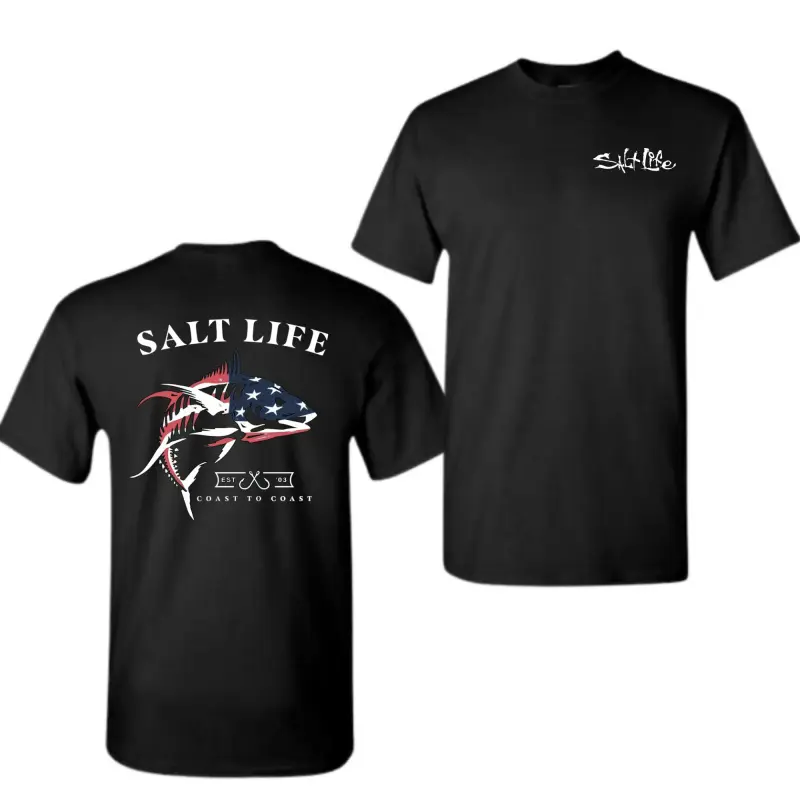 Salt Life Coast to Coast T-Shirt, Patriotic Fish Graphic Tee, American Outdoors Fishing Shirt, Soft Cotton Casual Apparel for Men Women, Unisex Streetwear, Vintage Graphic Tee Coastal Style-DK.X