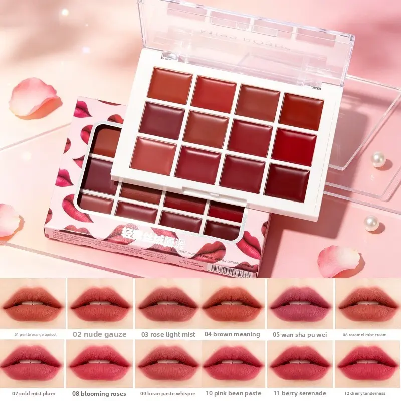 12-Color Matte Velvet Lip Mud Palette, Multi-color Set with Long-lasting Intensely Pigmented Rich Pigment & Easy Application, Non-staining Foggy Lip Gloss Palette, Viral Popular Makeup In Stock for Wholesale