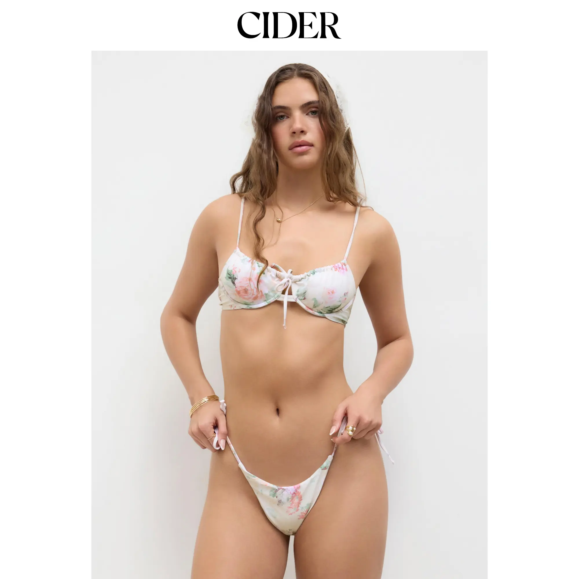 Cider V-neck Floral Bowknot Cut Out Underwire Tie Side Bikini Set