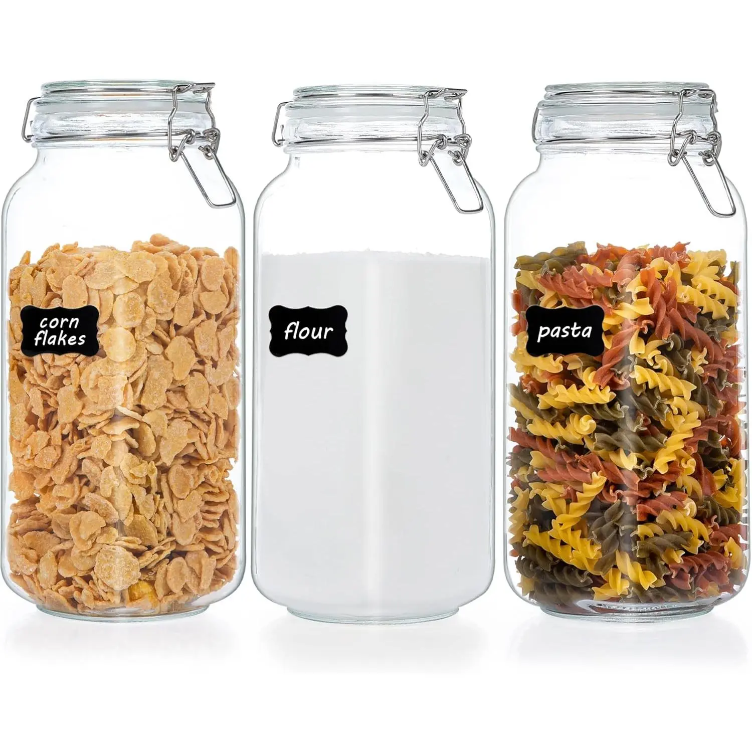 78oz Glass Food Storage Jars with Airtight Clamp Lids, 3 Pack Large Kitchen Canisters for Flour, Cereal, Coffee, Pasta and Canning, Square Mason Jar with 8 Chalkboard Labels