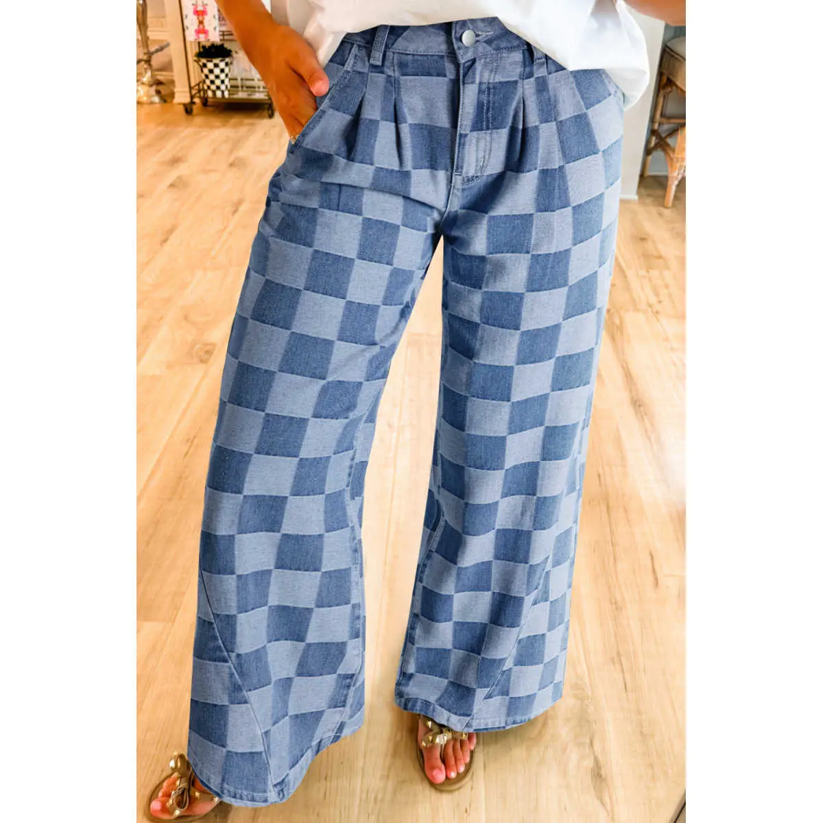 Women's Plaid Checkered Print Denim Wide-Leg Pleated Relaxed-Fit Casual Retro Pants for Daily Wear, Bottoms, Comfy, Soft, Denim Fabric, Style, Trouser, Lady, Women's Clothes, Pants For Women