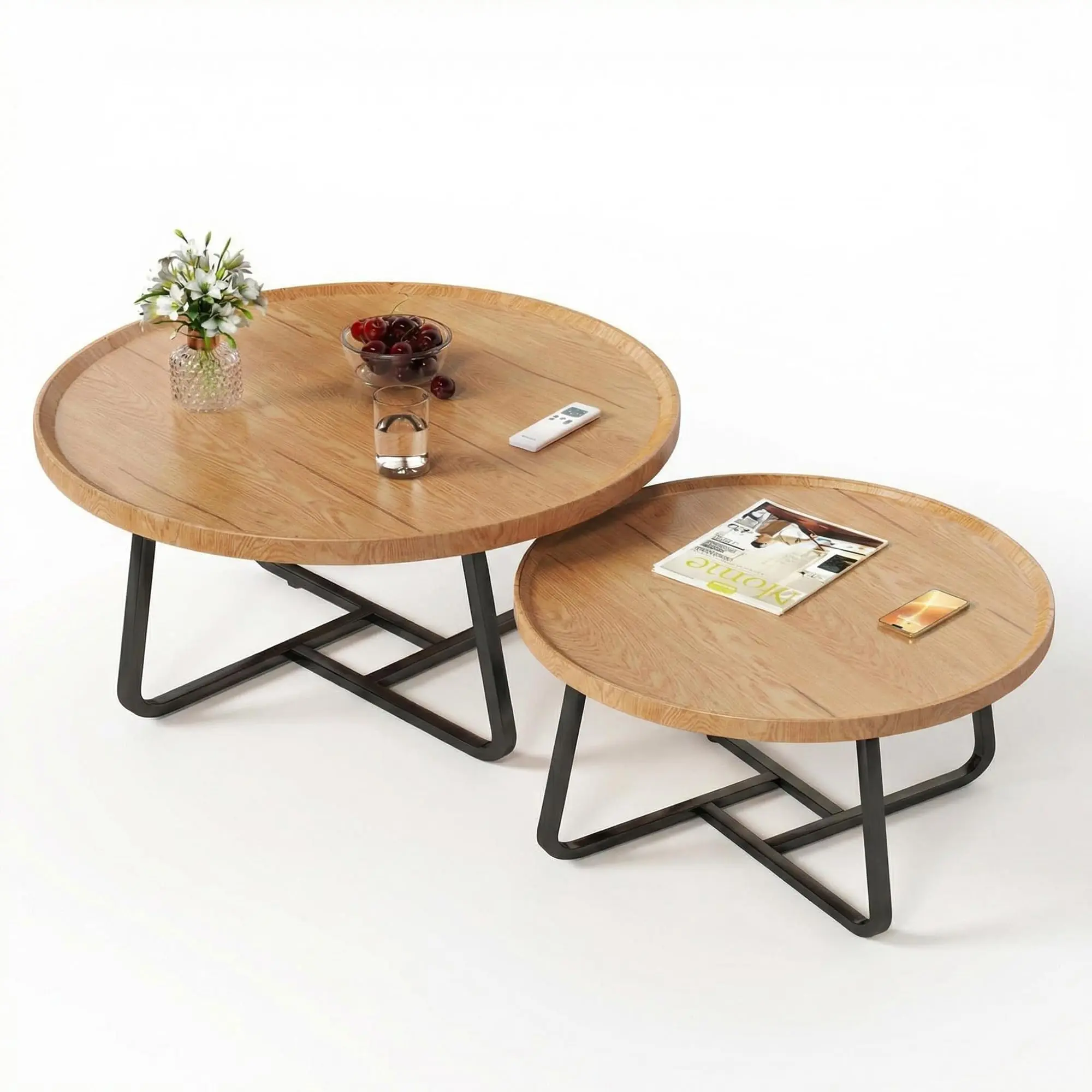2-Piece Mid-Century Modern Round Nesting Coffee Tables Set - Durable Metal Frame, Ribbed Wood Tops, Easy Assembly, Ideal for Living Room, Sofa Side, Nesting Set, Round Shape
