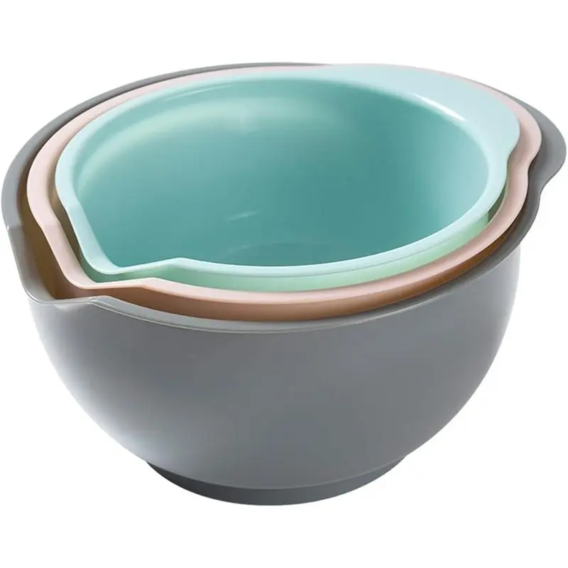 Nesting Plastic Mixing Bowls, Set Of 3, 1.5 quart, 2 quart, 2.5quart, Nesting Bowls with Non Slip Base and Easy Pour Spout, Dishwasher Safe (Green Pink Grey)